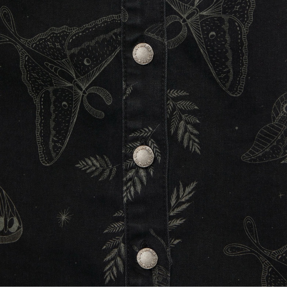 NWT Disturbia Callopistria Moth Print Denim Mini Apron Dress size 10 - Picture 6 of 12